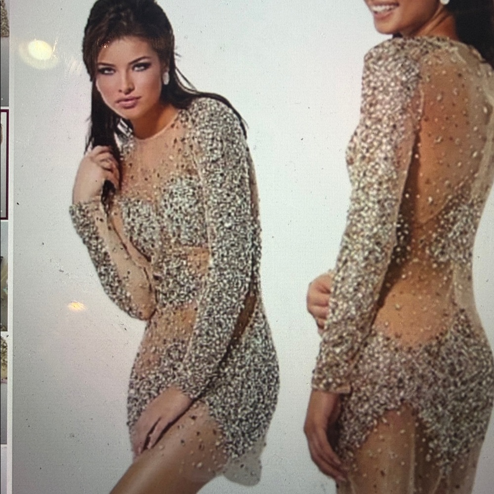 Jovani Nude Crystal-Embellished Long Sleeve Mini Dress